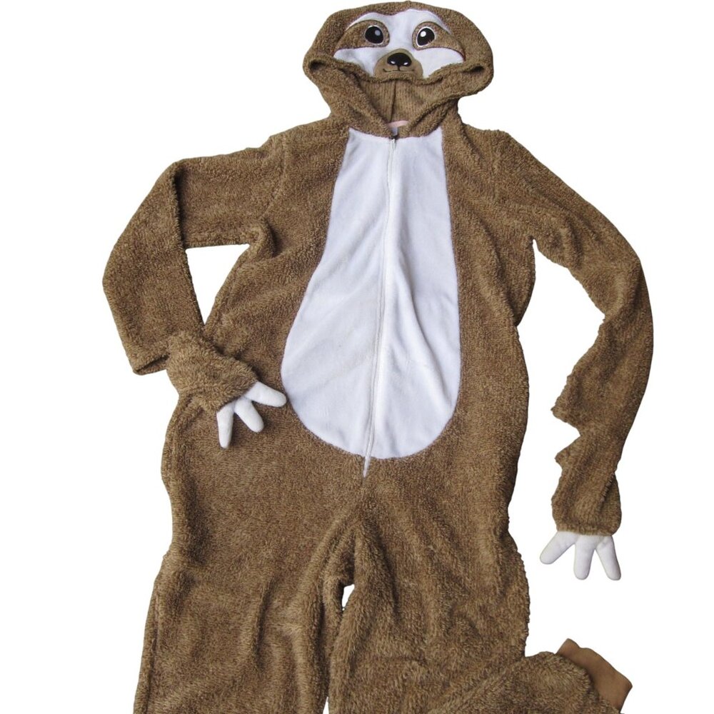 Sloth Costume Brown One-Piece Suit w Hoodie Adult Size S M HALLOWEEN